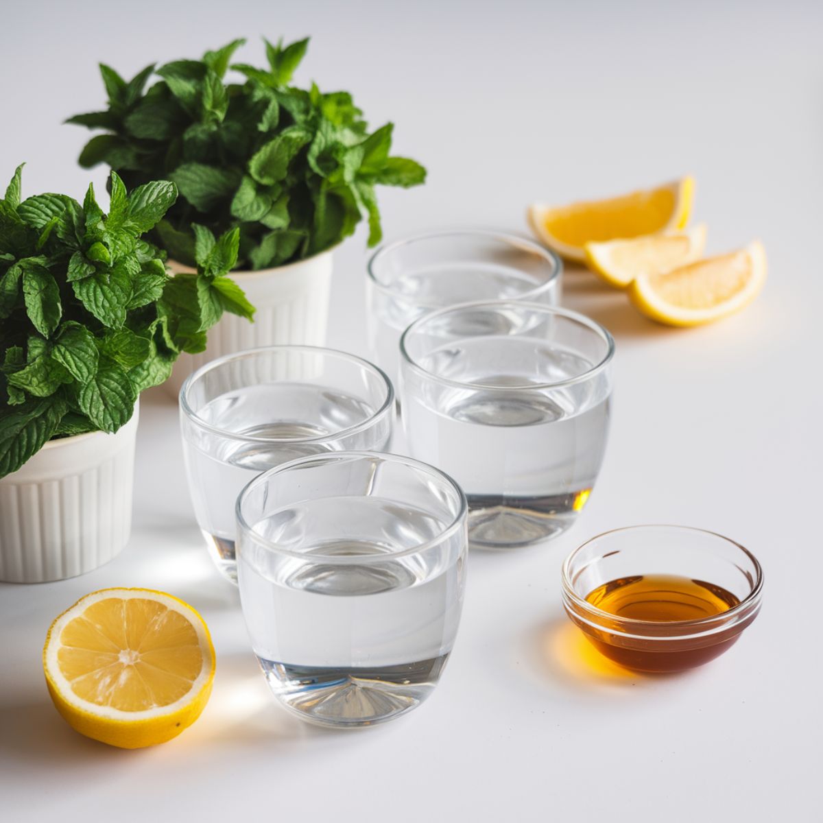 Peppermint Tea Recipe ingredients arranged on a clean kitchen contertop.