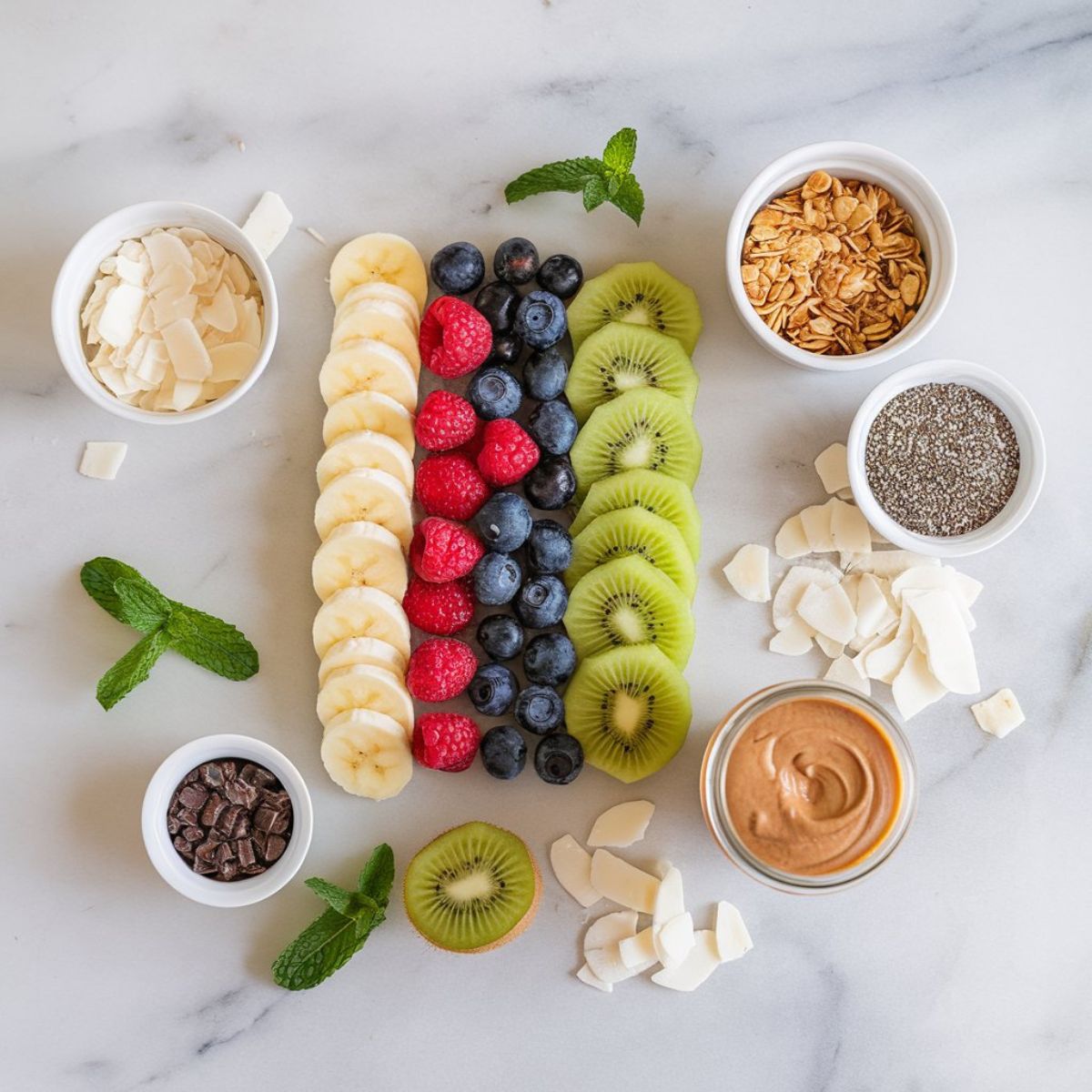 Smoothie Bowls recipe ingredients perfectly arranged on a kitchen contertop.