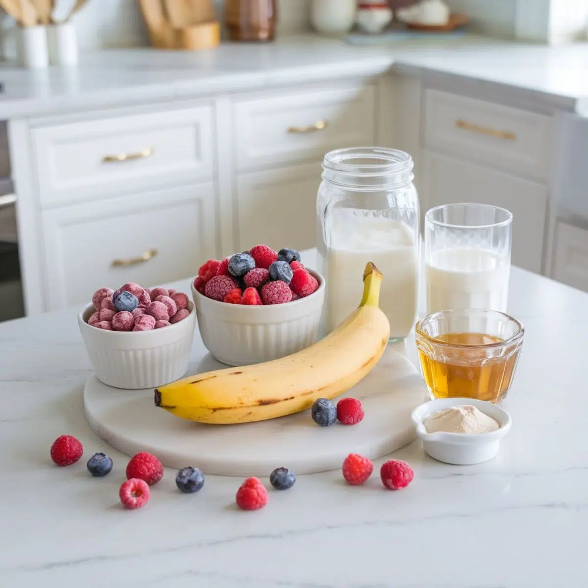 Smoothie Bowls recipe ingredients arranged on a marbel board.