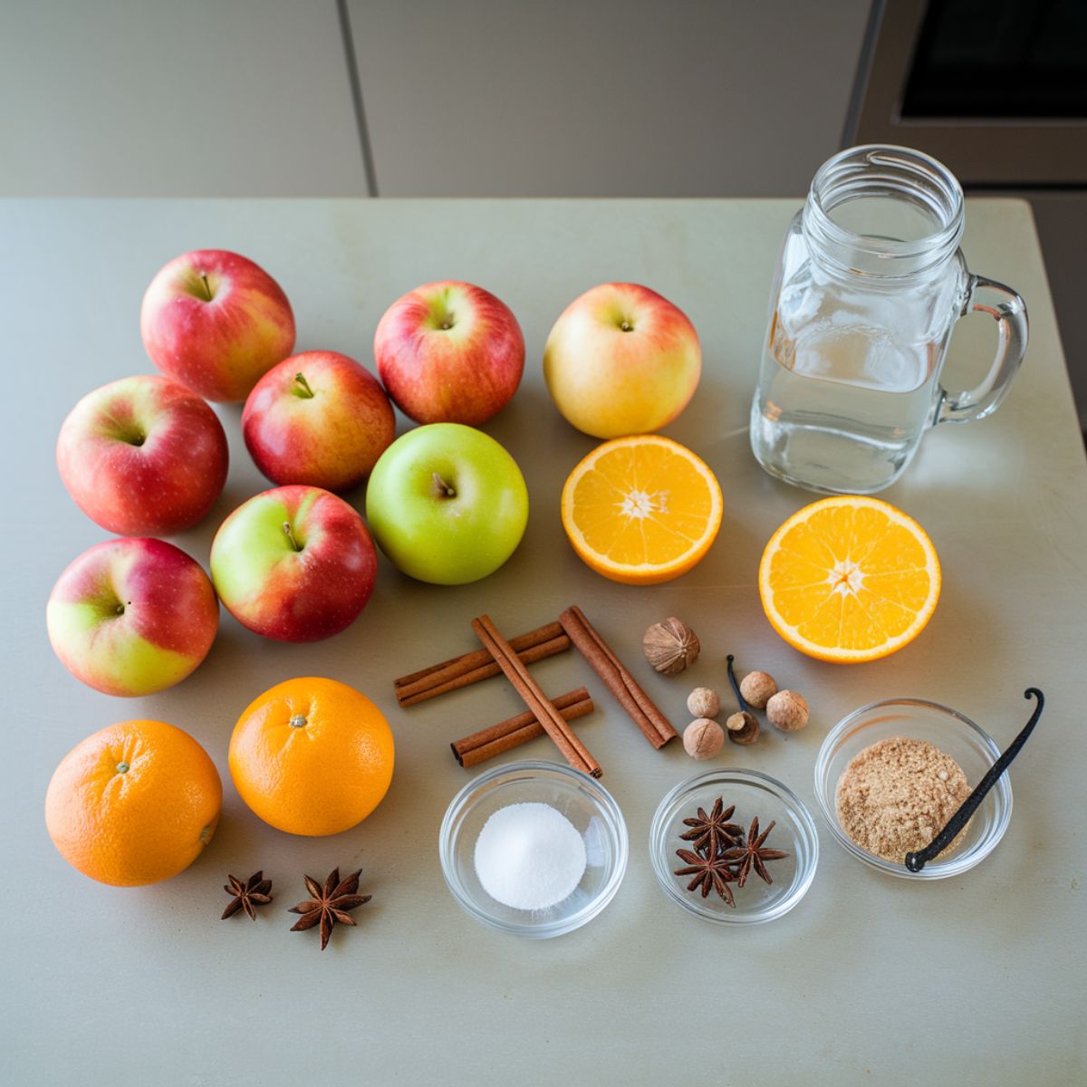 Spiced Apple Cider Recipe Ingredients on a cleean kitchen contertop.