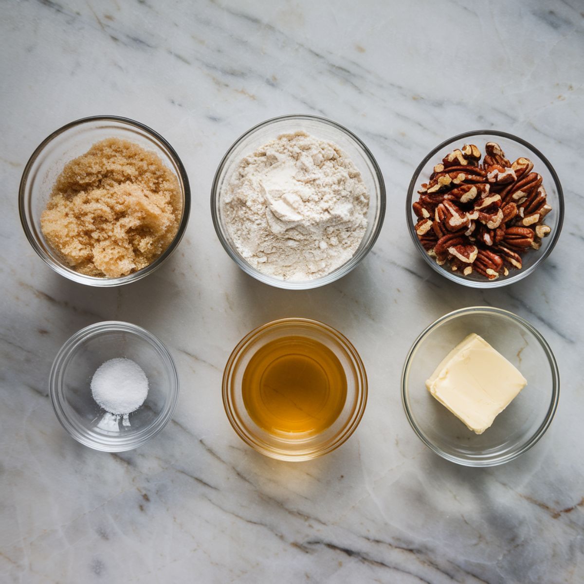 Group of bowls filled with Pecan Crumble Topping ingredients for Sweet Potato Casserole Recipe .