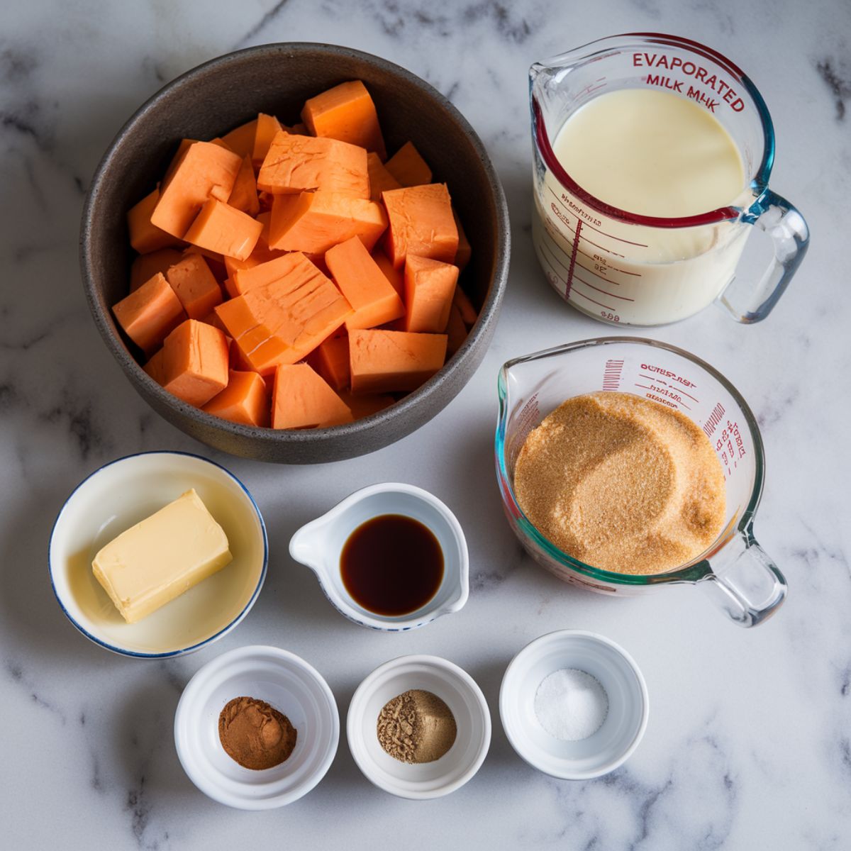 Sweet Potato Casserole Recipe Ingredints on a marrbel kictchen contertop.