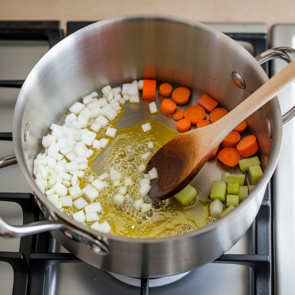 Vegetables sautéing in a stainless-steel pot with olive oil on a stovetop.