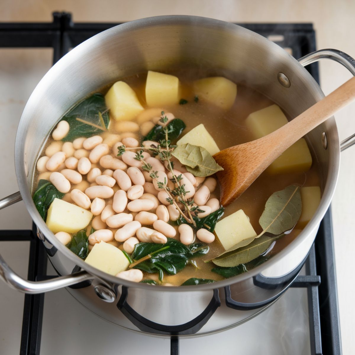 Simmering soup with broth, white beans, potatoes, and herbs in a stainless-steel pot.