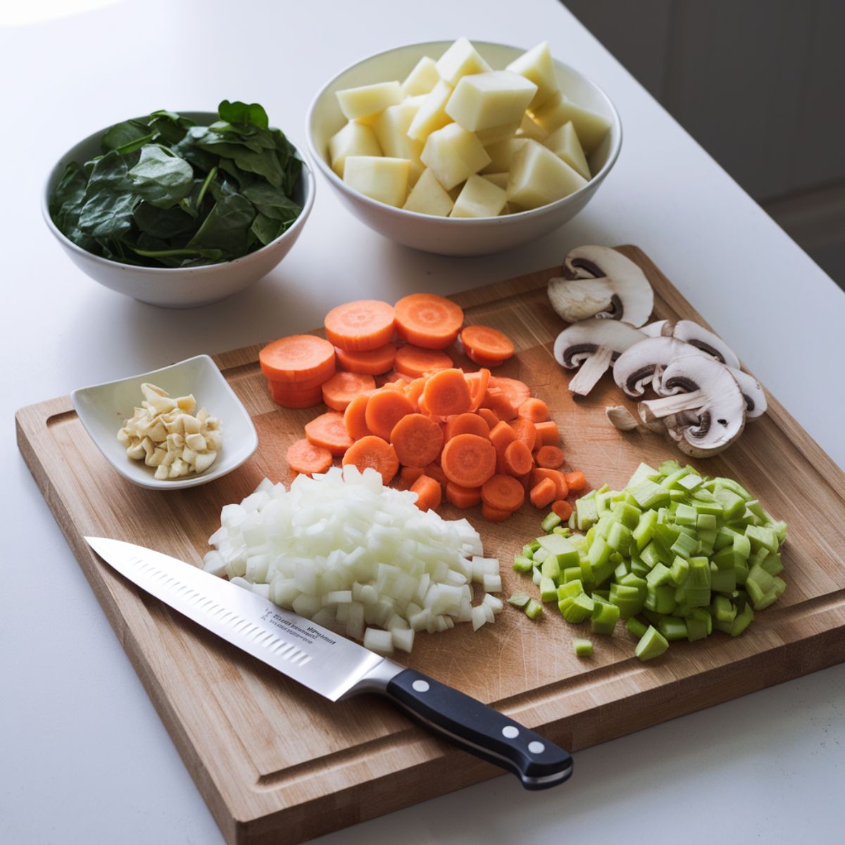 Chopped onions, carrots, celery, mushrooms, spinach, and cubed potatoes arranged on a cutting board with a sharp knife.