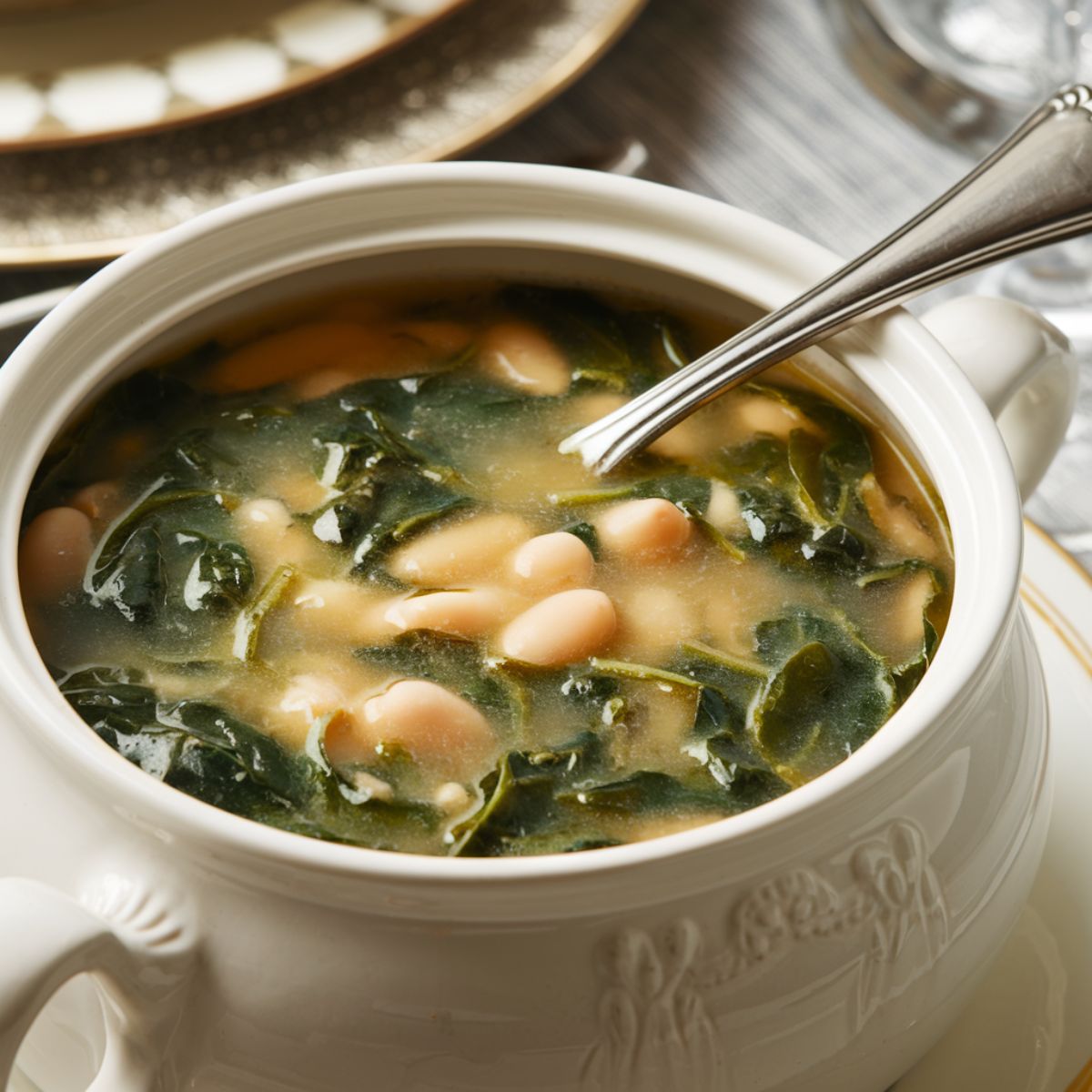 A bowl of spinach and white bean soup with a golden broth and a silver spoon.