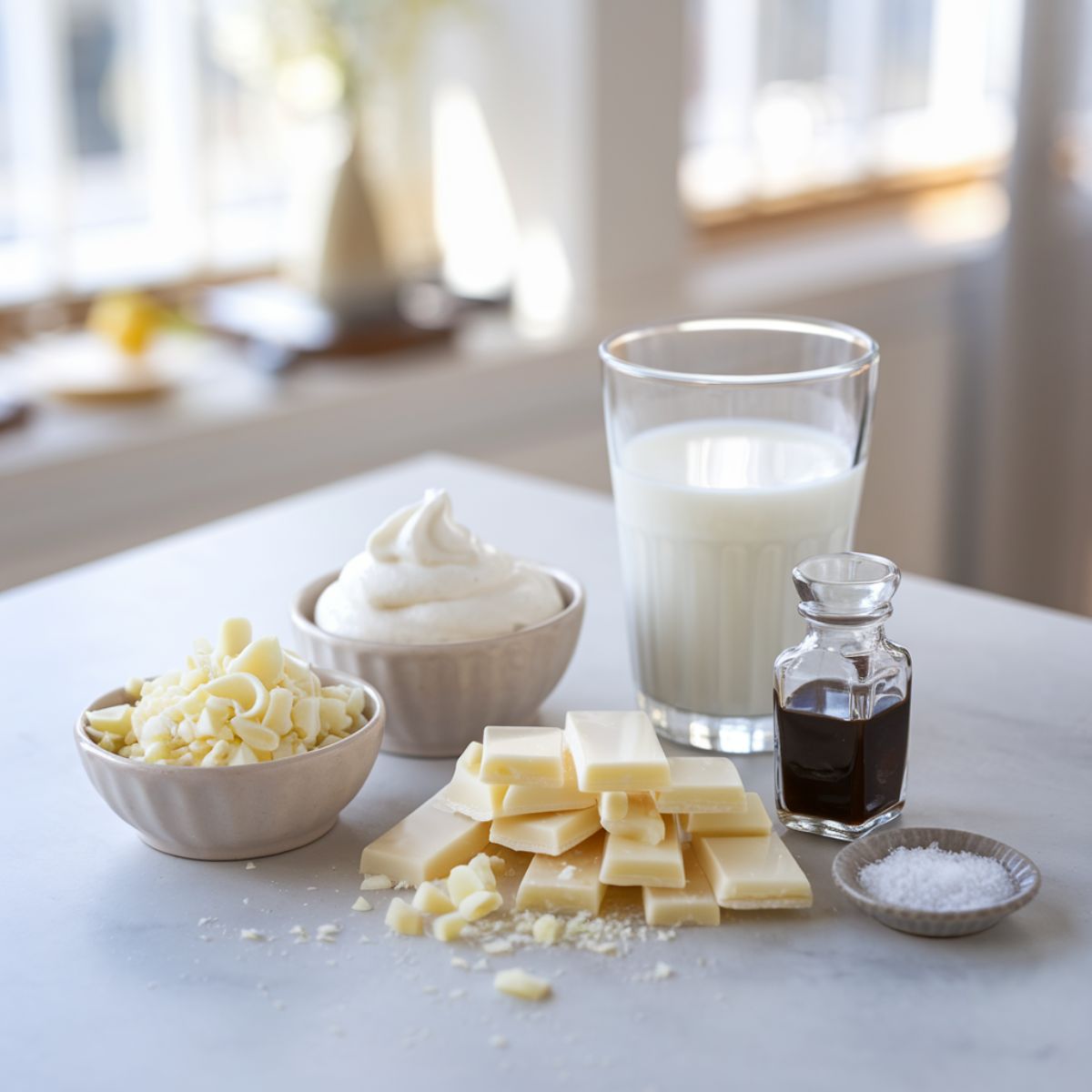 White Hot Chocolate Recipe Ingredients arranged on a kitchen contertop.
