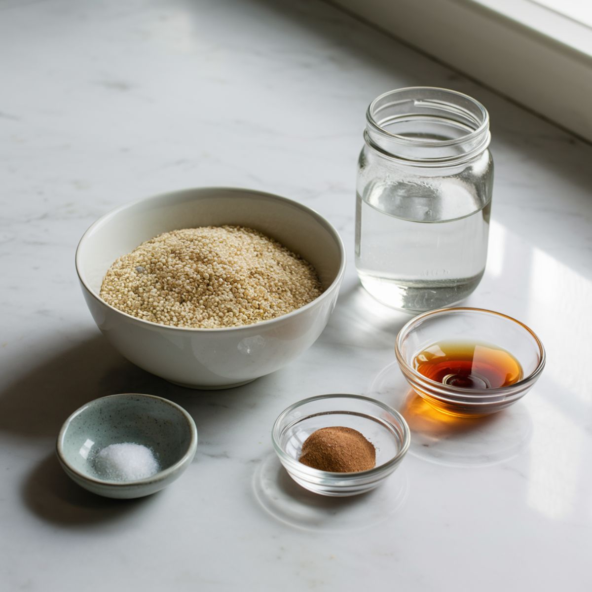 Ingredients for Quinoa Bowl Recipe on a marble countertop: quinoa, water, salt, honey, and cinnamon.