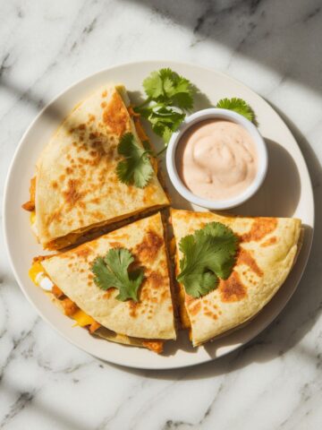 Golden-brown chicken and cheese quesadilla wedges on a white plate with cilantro garnish and dipping sauce.