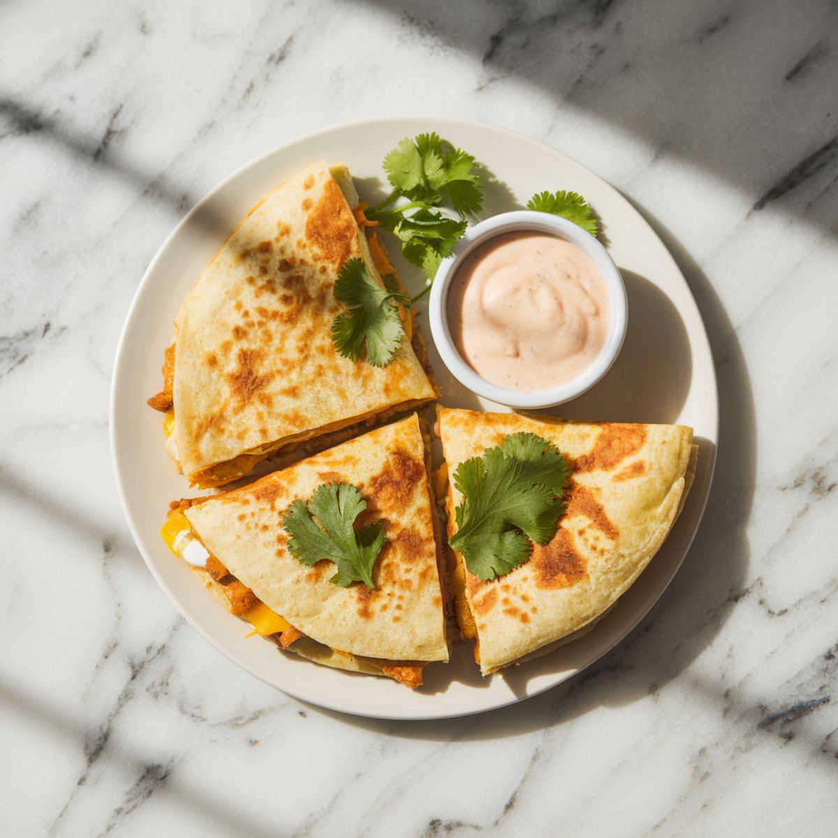 Golden-brown chicken and cheese quesadilla wedges on a white plate with cilantro garnish and dipping sauce.