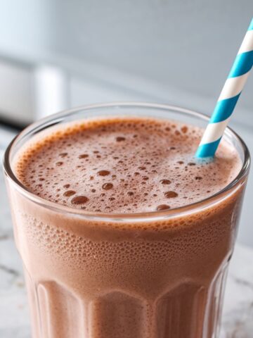 Close-up of a creamy chocolate milkshake in a clear glass, topped with tiny bubbles. A blue and white striped straw is inserted at an angle. The background is bright white, with soft shadows highlighting the drink’s rich texture.