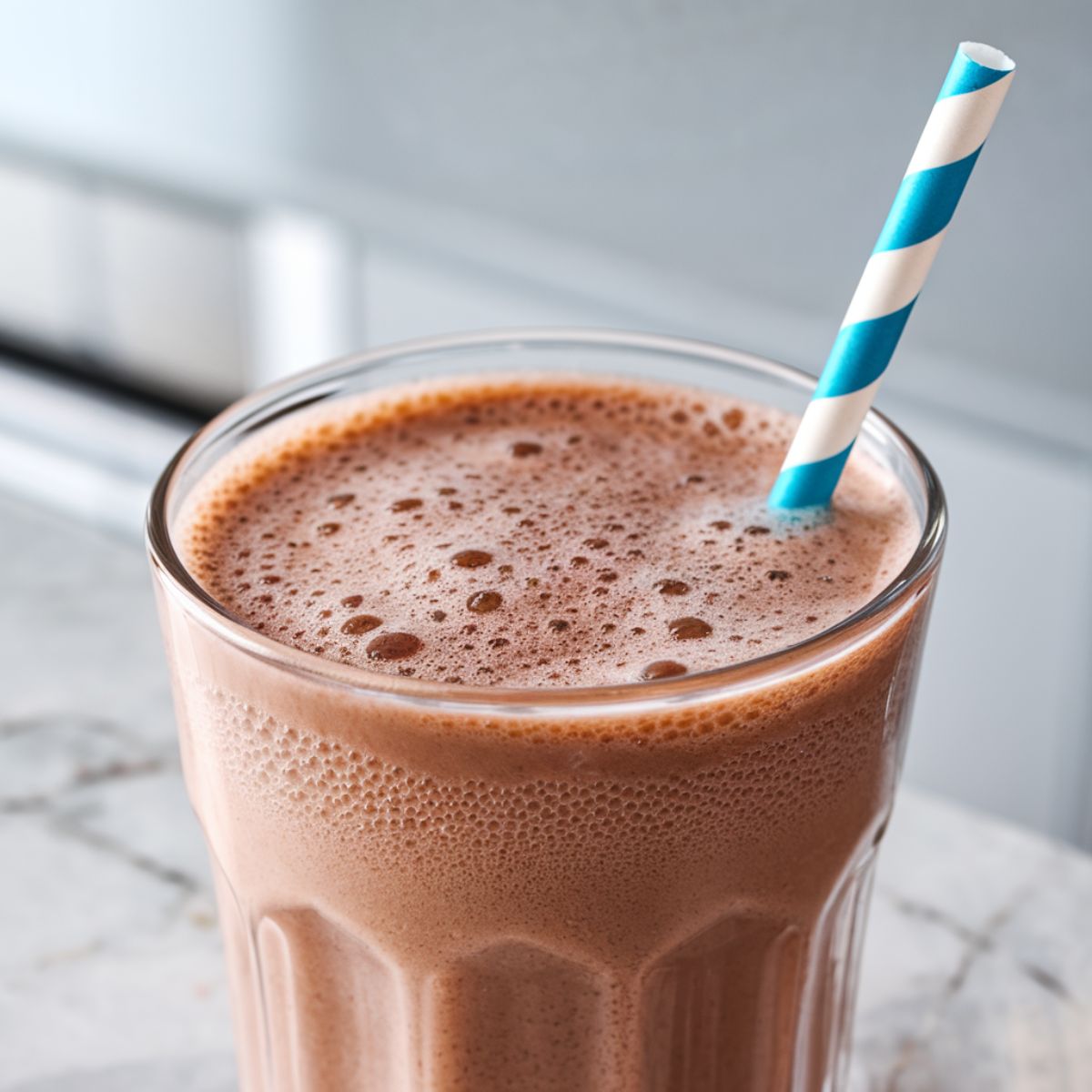 Close-up of a creamy chocolate milkshake in a clear glass, topped with tiny bubbles. A blue and white striped straw is inserted at an angle. The background is bright white, with soft shadows highlighting the drink’s rich texture.