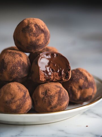 A stack of homemade chocolate truffles coated in cocoa powder, arranged on a plate.