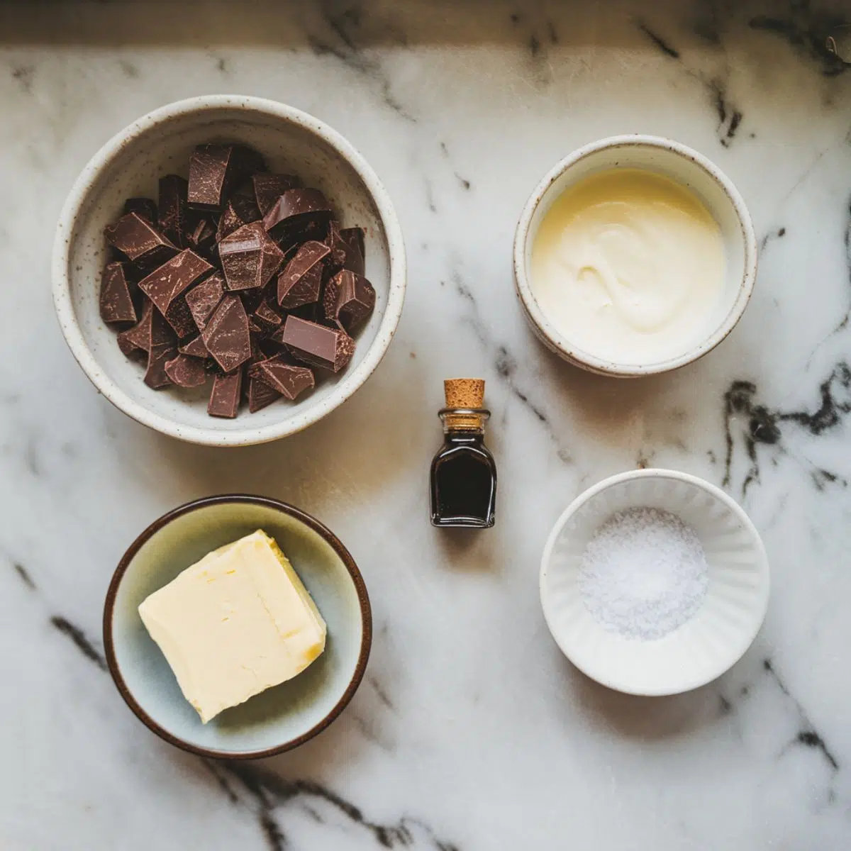 Chocolate Truffle Ingredients on a marble countertop—chopped dark chocolate, heavy cream, butter, vanilla extract, and sea salt.