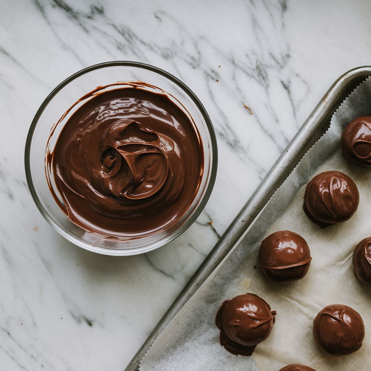 "Chilled ganache in a bowl with portions being rolled into balls on a parchment-lined sheet.