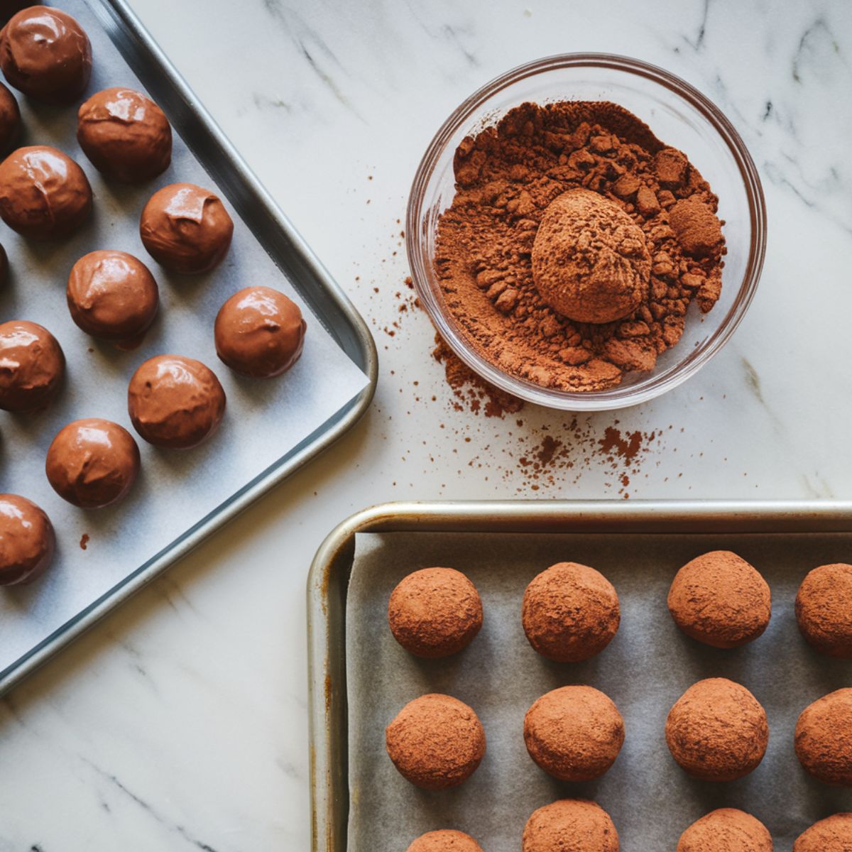 Truffles rolled in coatings and placed on parchment paper after refrigeration.