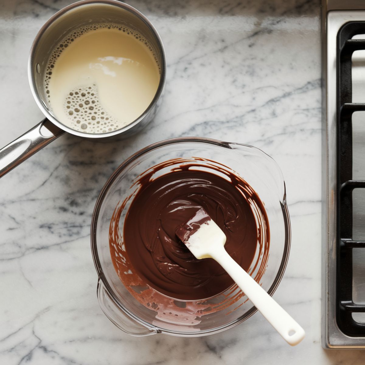 Marble countertop with a heatproof glass bowl of melted chocolate, a spatula, and a saucepan with hot cream on the stove.