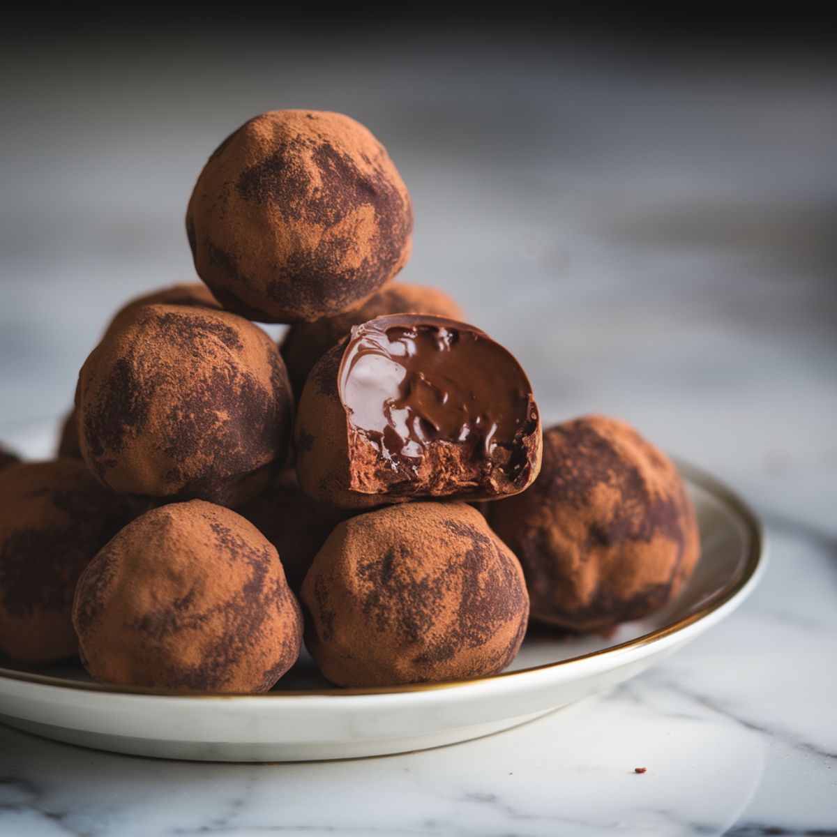 A stack of homemade chocolate truffles coated in cocoa powder, arranged on a plate.