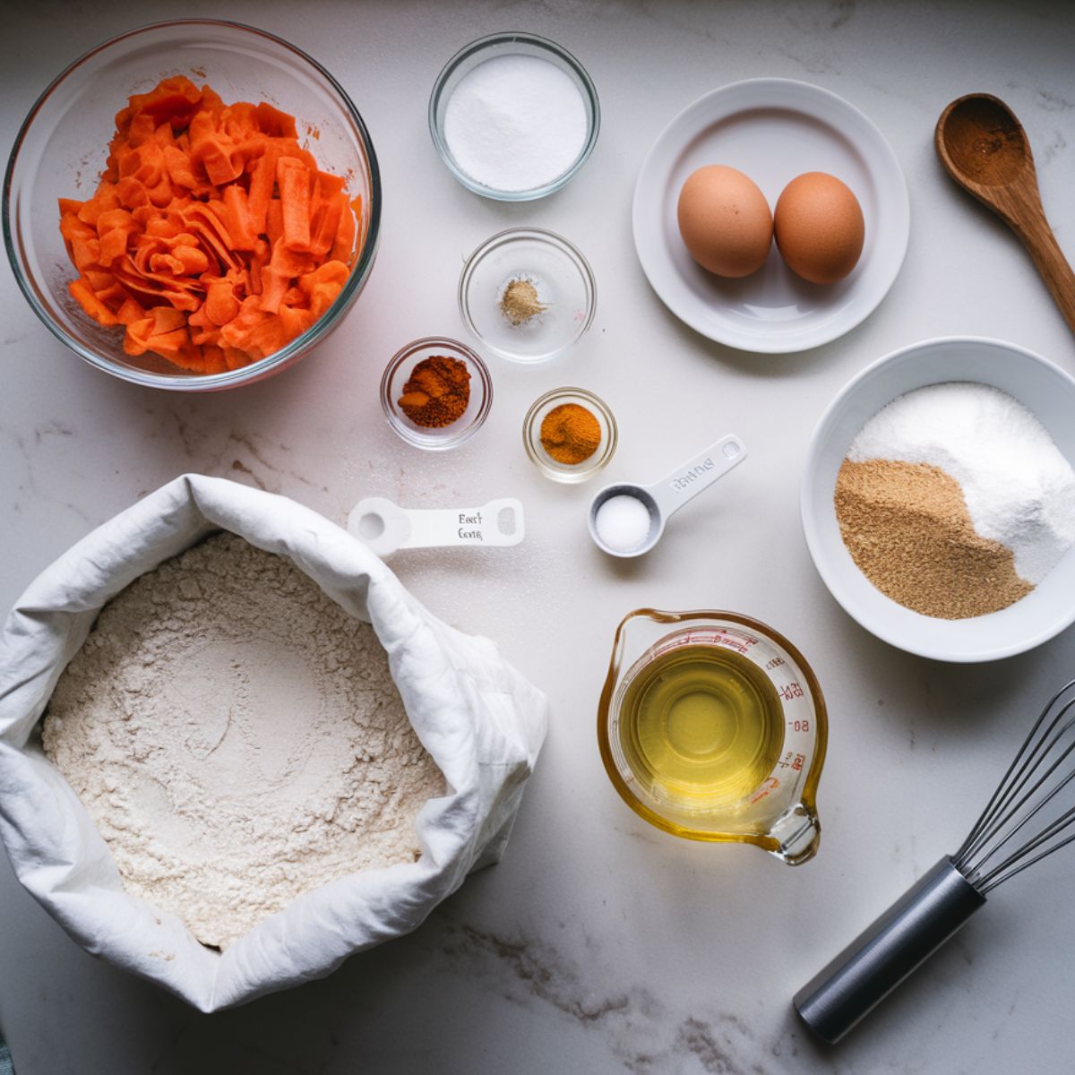 Small carrot cake recipe ingredients on a white marble counter, including grated carrots, flour, spices, eggs, sugars, oil, and a whisk, arranged casually for a homemade feel.