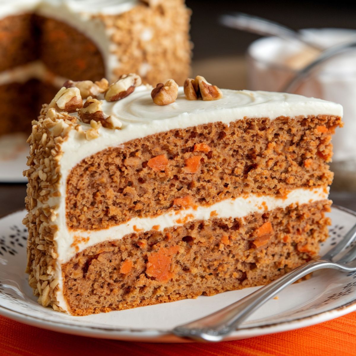 Homemade carrot cake slice with cream cheese frosting, topped with walnuts, on a decorative plate with a fork, set against a warm, inviting background.