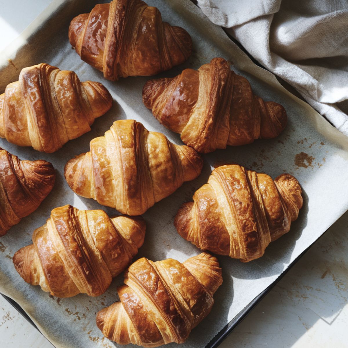 A baking tray lined with parchment paper holds several golden-brown croissants with flaky layers. Soft morning light highlights their crust, and a folded cloth napkin lies beside the tray, evoking a warm, inviting feel.