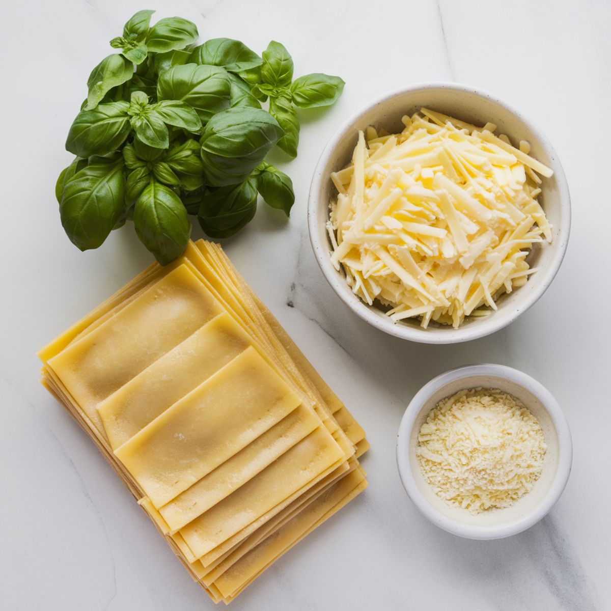 Overhead view of stacked lasagna sheets, fresh basil, shredded mozzarella, and grated Parmesan on a white surface.