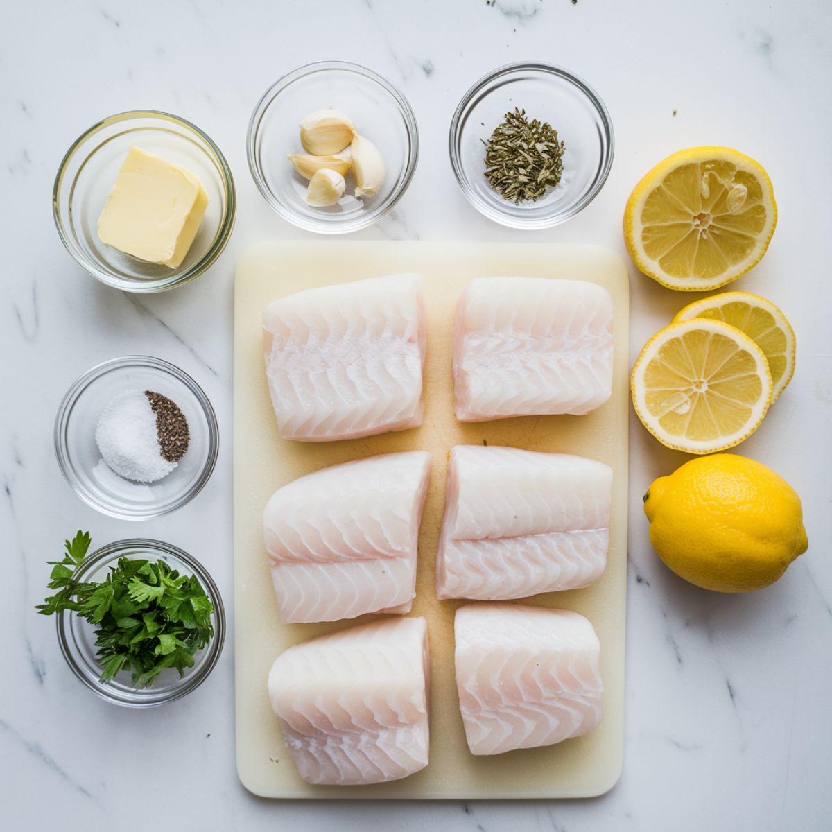 Ingredients for baked cod: raw fillets, melted butter, garlic, oregano, salt, pepper, paprika, two lemons, and chopped parsley on a white surface.