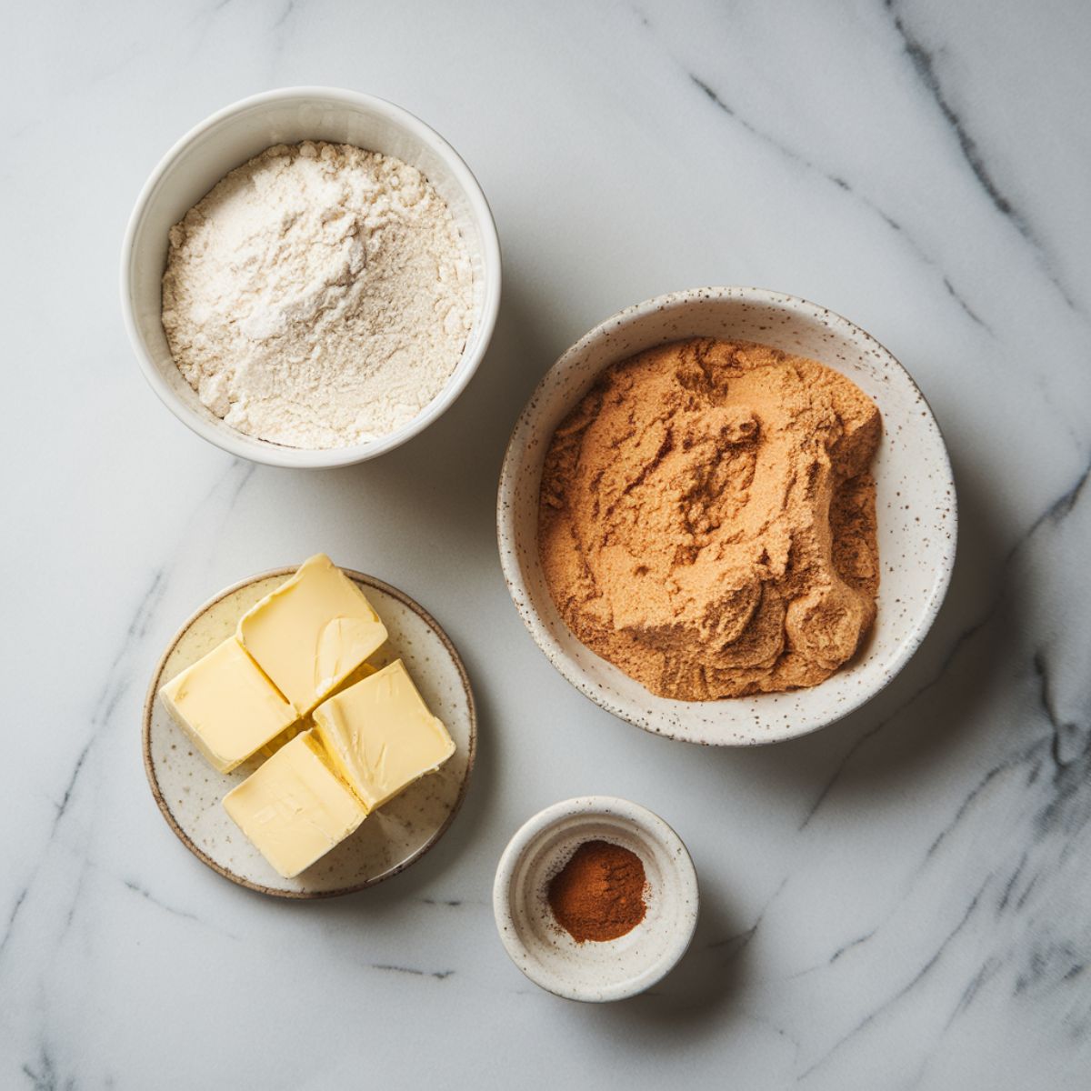 A flat lay of baking ingredients on a white marble countertop, including a bowl of flour, a dish of brown sugar, cubed butter on a plate, and a small bowl of cinnamon.