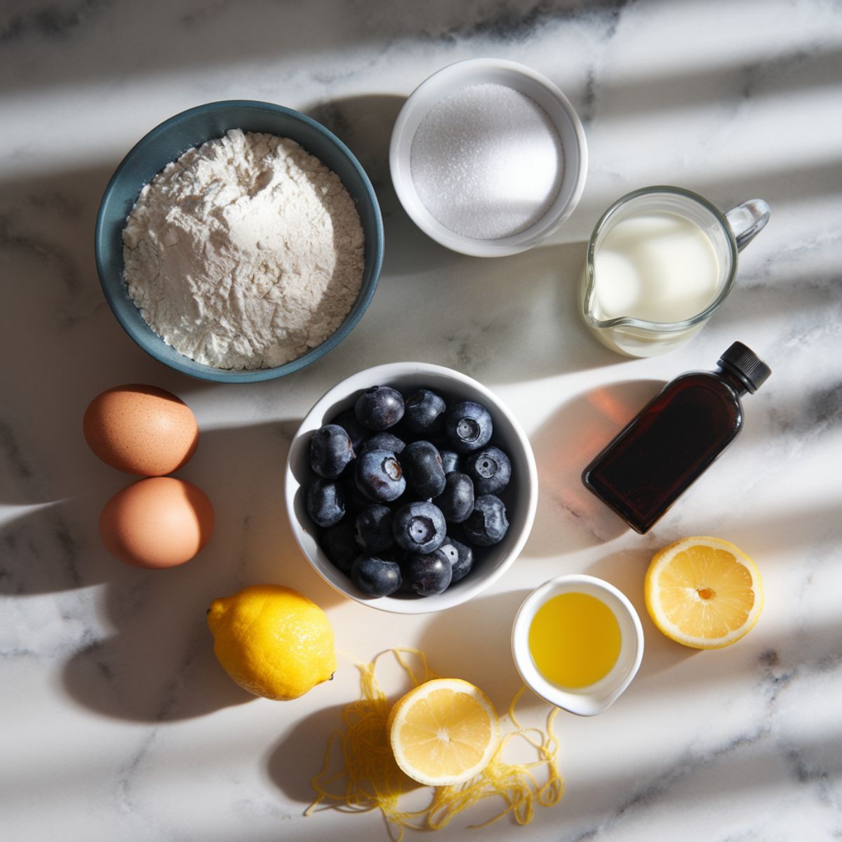  A flat lay of baking ingredients on a white marble countertop, including flour, baking powder, sugar, eggs, milk, oil, vanilla extract, lemon zest, lemon juice, and fresh blueberries.