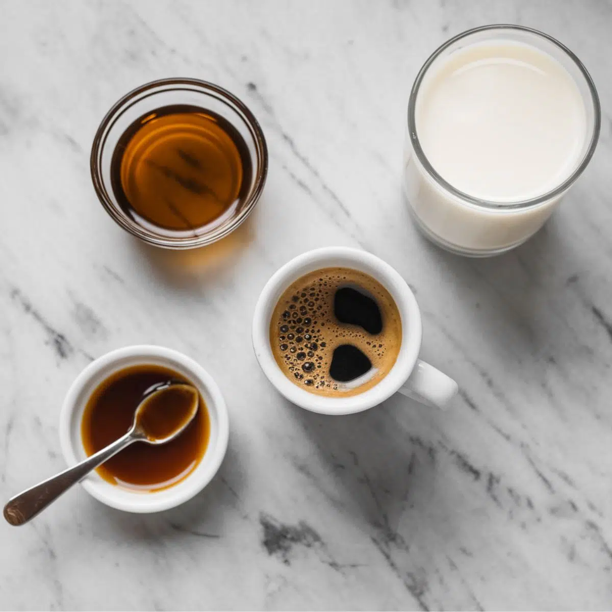 Ingredients for Caramel Macchiato Recipe arranged on a marbel counter : Espresso, whole milk, vanilla syrup, and caramel sauce.