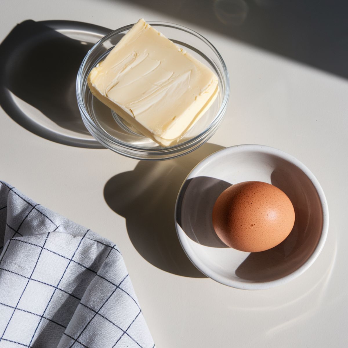 Top-down view of cold unsalted butter, a large egg for egg wash on a modern kitchen counter.