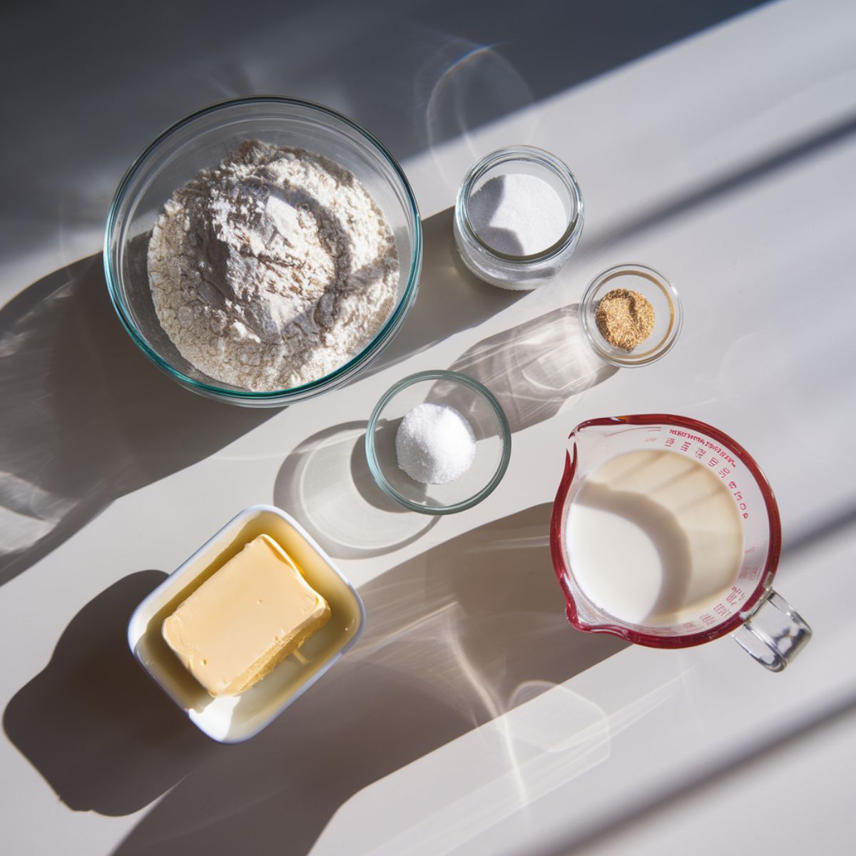 Top-down view of baking ingredients on a modern kitchen counter: flour, sugar, yeast, salt, warm milk, and softened butter arranged neatly.