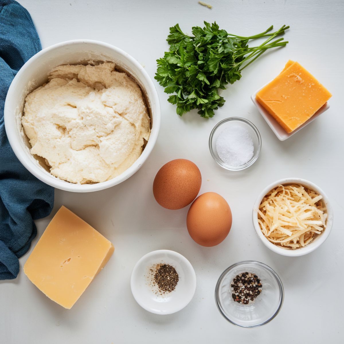 Artistic photo of a bowl of ricotta, eggs, Parmesan, parsley, salt, and pepper on a neutral, minimalist background.