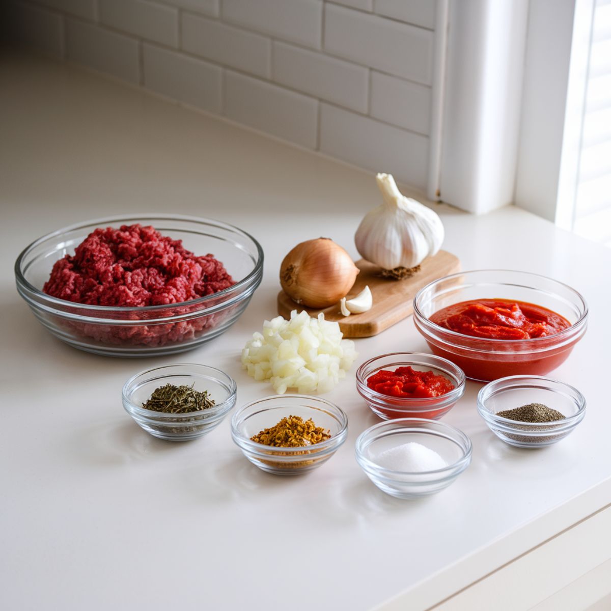 Clean, modern kitchen countertop displaying classic lasagna ingredients including raw ground beef, diced onions, minced garlic, crushed tomatoes, tomato paste, and small glass bowls filled with dried oregano, basil, sugar, salt, and pepper, all illuminated by bright natural light.