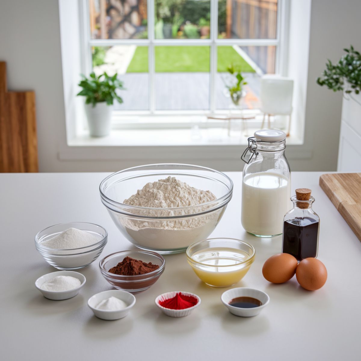 Ingredients arranged on a clean kitchen counter to prepare red velvet cupcakes recipe.