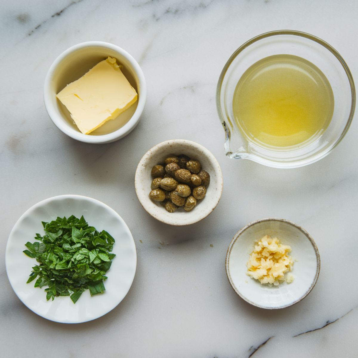 Overhead view of a gourmet ingredient setup on a clean marble countertop featuring a small elegant dish with 4 tablespoons of unsalted butter, a clear minimalist glass container holding 2 tablespoons of fresh lemon juice, a tiny ceramic bowl with 2 tablespoons of drained capers, a small white plate displaying 2 tablespoons of finely chopped fresh parsley, and a delicate dish containing 1 clove of minced garlic, all illuminated by soft natural lighting.