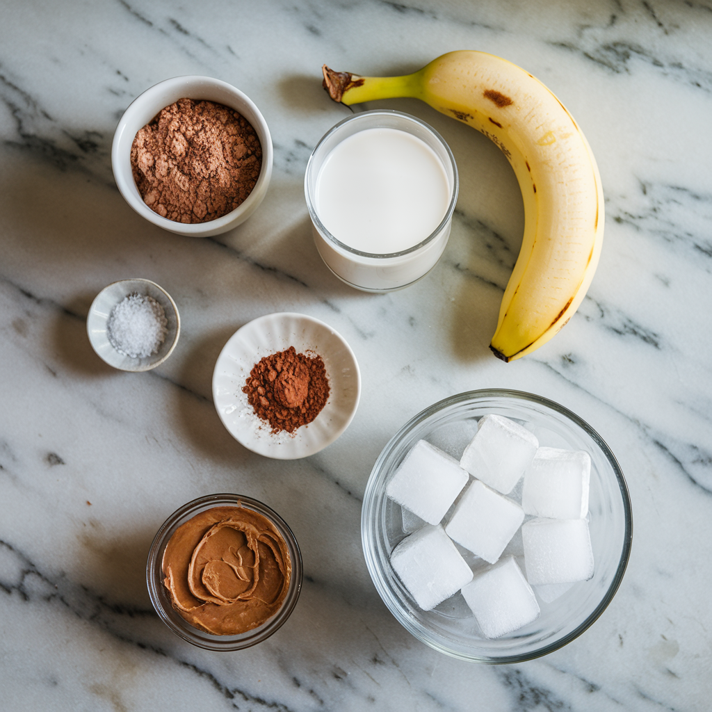 Top-down view of chocolate protein shake ingredients on a marble countertop, including protein powder, almond milk, banana, cocoa, almond butter, ice, and sea salt.