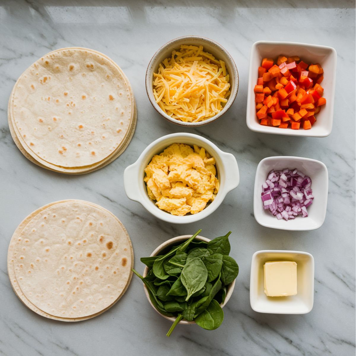 A top-down view of breakfast quesadilla ingredients on a marble countertop, including stacked flour tortillas, shredded Mexican cheese, scrambled eggs, diced bell peppers, chopped red onion, fresh baby spinach, and a small dish of butter.