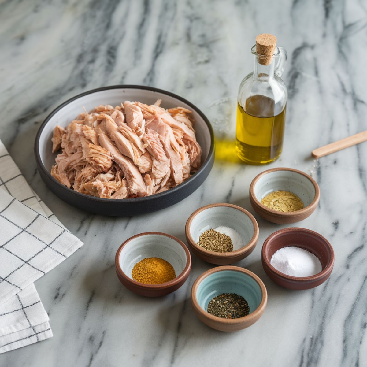 Shredded cooked chicken, a bottle of olive oil, and small bowls of Mexican-style seasoning, garlic powder, onion powder, salt, and pepper arranged on a light marble countertop in a clean, modern kitchen setting.