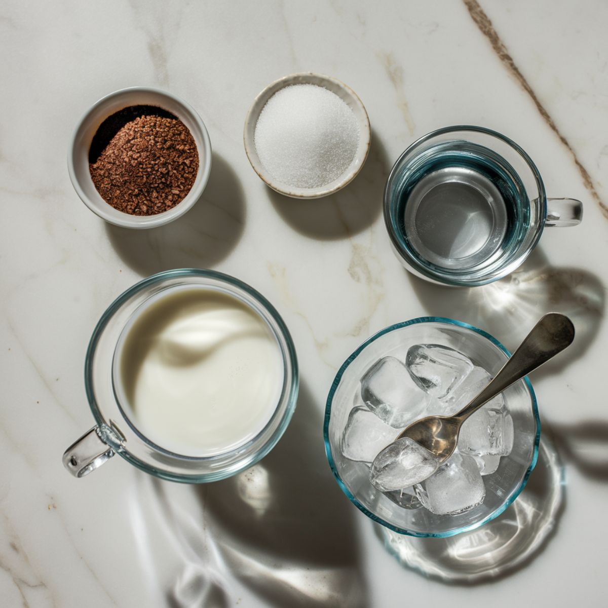 Dalgona coffee ingredients arranged on a marble countertop: a small bowl of instant coffee granules, a bowl of granulated sugar, a cup of steaming hot water, a glass of fresh milk, and a glass bowl of ice cubes with a spoon nearby.