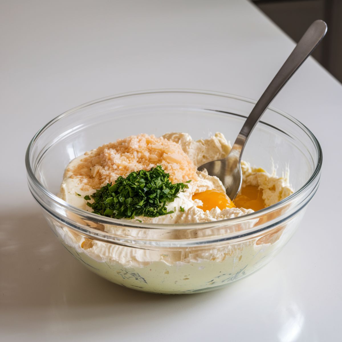 A detailed, realistic image showing a large glass bowl on a clean white kitchen counter. Inside the bowl, a smooth mixture of ricotta, eggs, grated Parmesan, and finely chopped parsley is gently stirred with a stainless steel spoon, with even natural lighting highlighting every ingredient's texture and color.