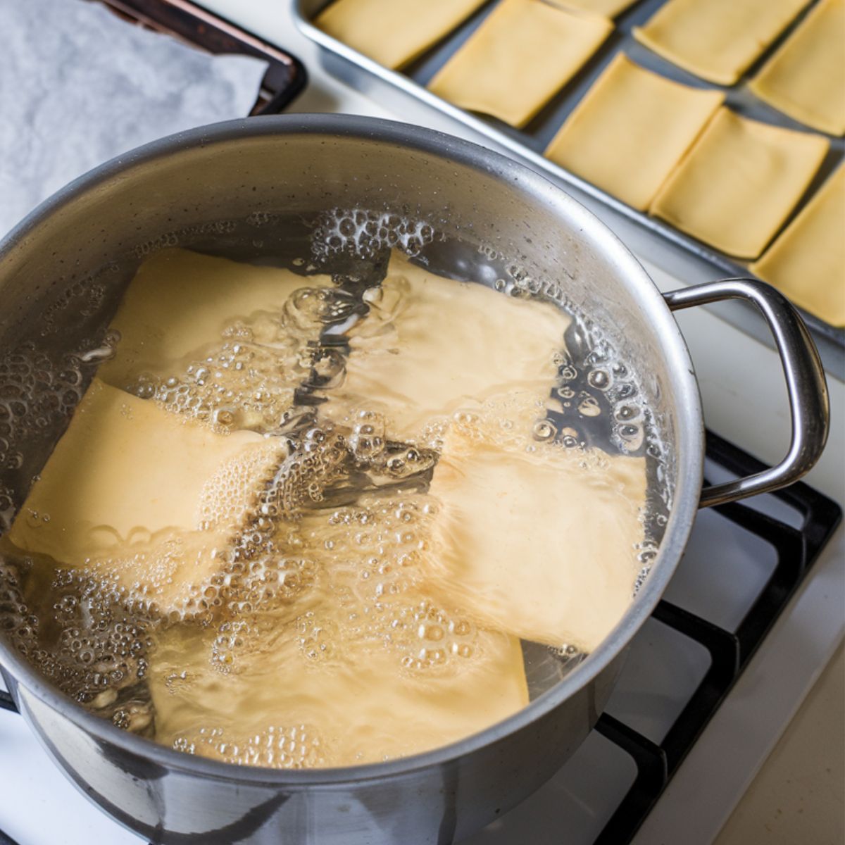 Top-down view of a clean kitchen scene featuring a large pot of salted water boiling on a sleek stovetop with lasagna sheets cooking inside, and a nearby baking sheet lined with parchment paper displaying freshly drained, neatly arranged lasagna sheets in natural light.