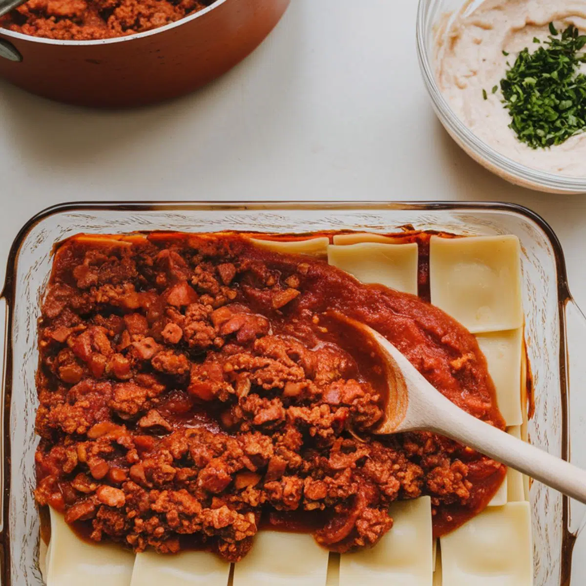 Top-down view of a glass dish with lasagna noodles and meat sauce; background shows a pot of sauce and a bowl of cheese with parsley.