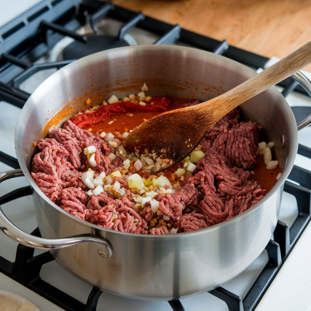 A stainless steel pot on a modern stovetop filled with sizzling ground beef, diced onions, minced garlic, crushed tomatoes, and tomato paste, stirred with a wooden spoon against a pristine white kitchen counter.