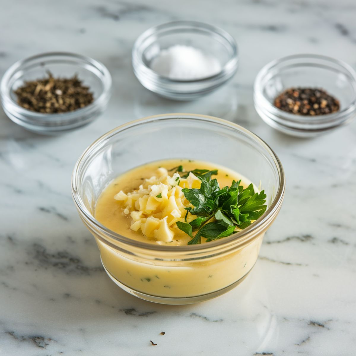 A glass bowl with melted butter, minced garlic, lemon juice, and parsley being stirred, surrounded by oregano, salt, and pepper.