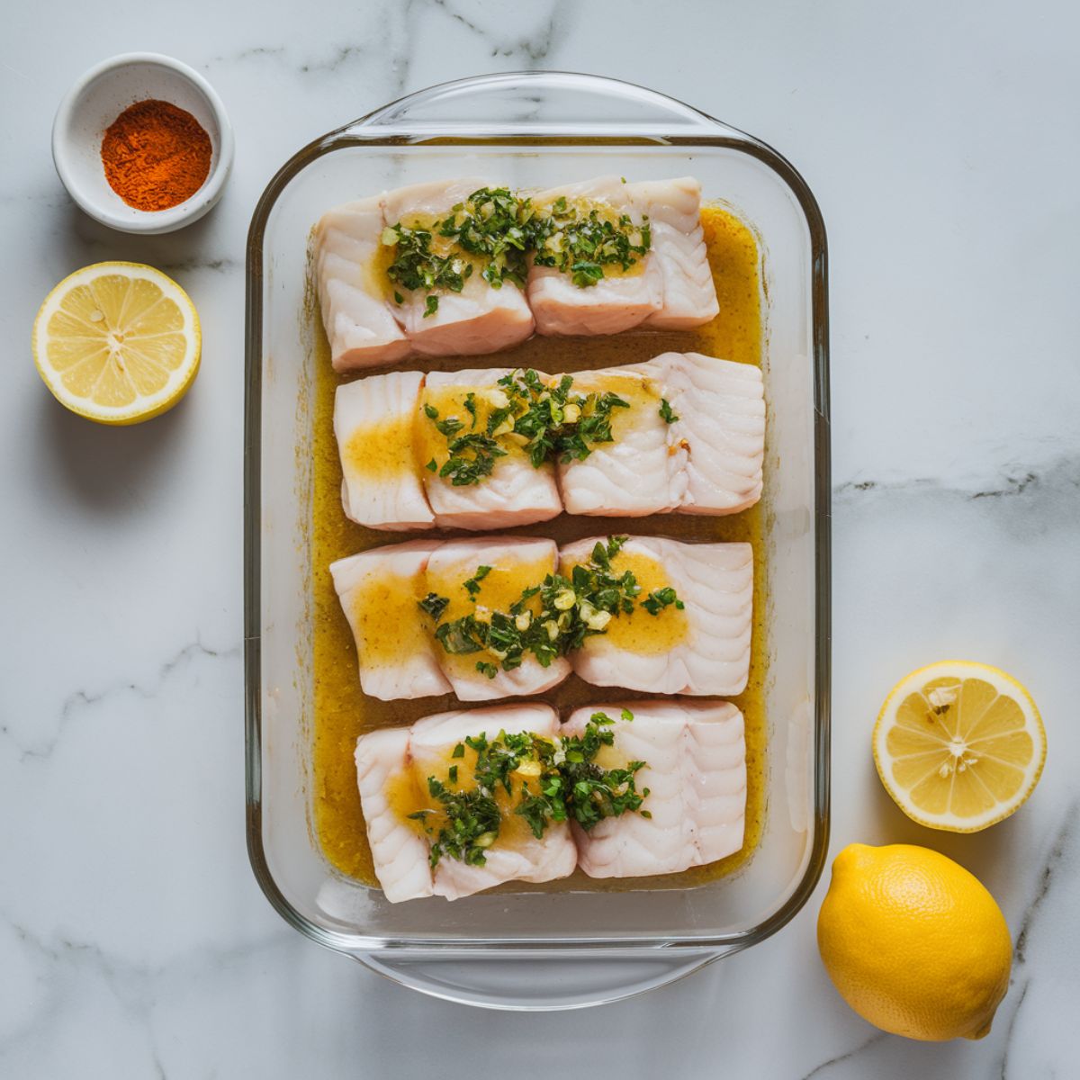 Four raw cod fillets in a baking dish being drizzled with garlic lemon butter sauce, topped with lemon slices and paprika.