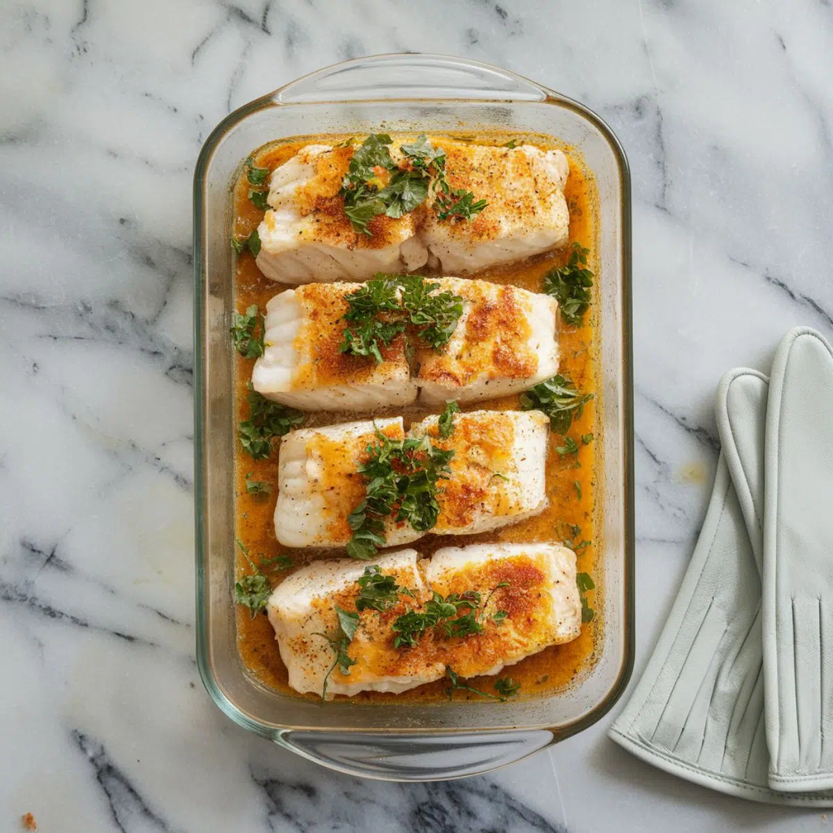 A close-up of 4 cooked cod fillets in a glass baking dish, topped with garlic butter, herbs, and paprika, with sauce bubbling around them. Oven gloves rest nearby