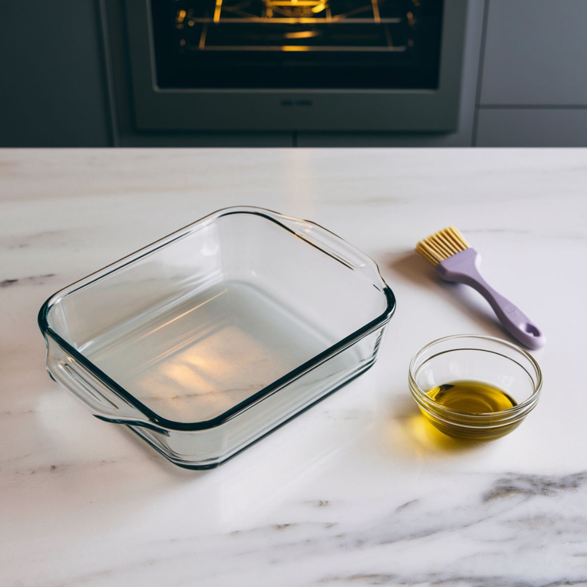 A preheated oven set to 400°F (200°C) with a 9x13-inch baking dish on a white countertop,ready to grease with olive oil.