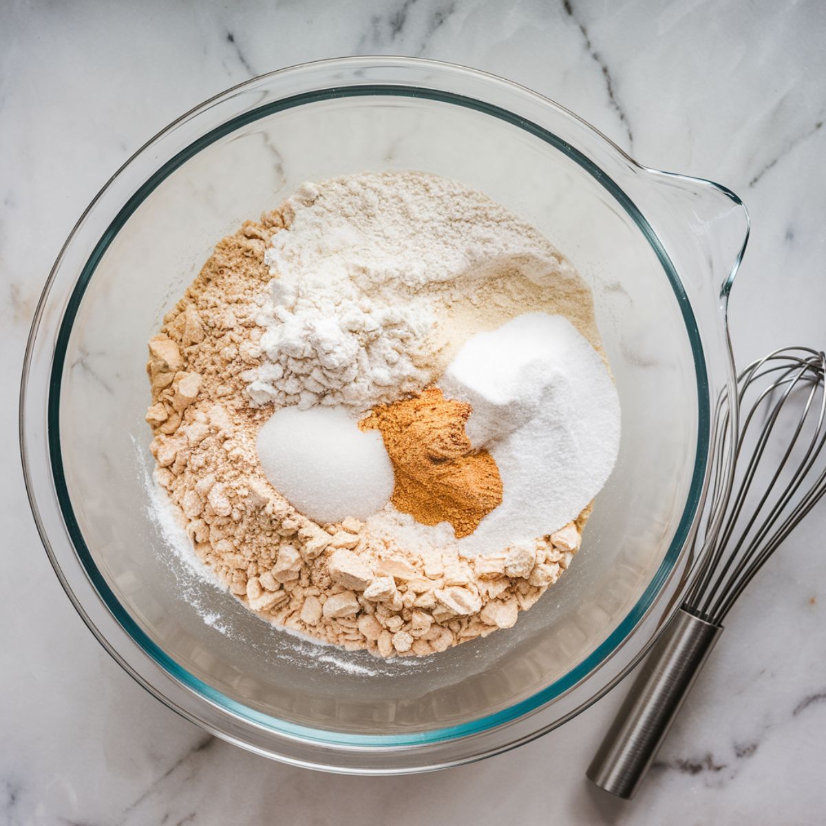 A mixing bowl on a marble countertop with flour, baking powder, baking soda, salt, and sugar being whisked together.