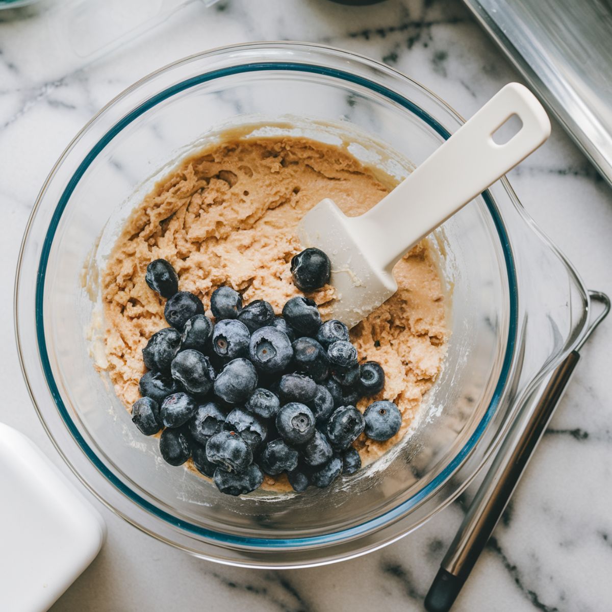 Wet ingredients being poured into dry ingredients, with blueberries being folded into the batter.